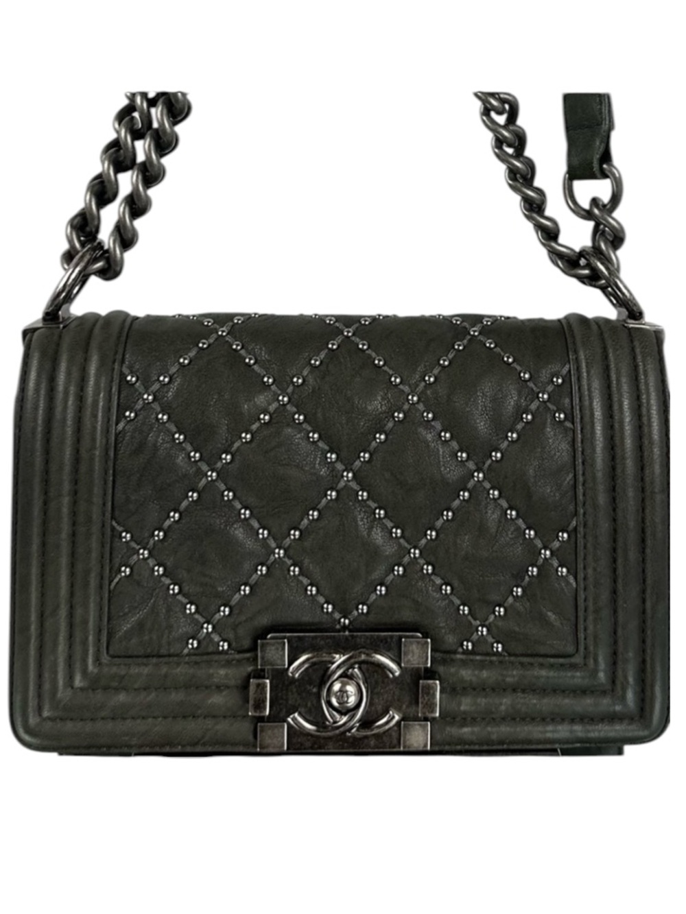 CHANEL Boy Mini Chain Bag  Studded Quilted Calfskin  Ruthenium HW  Series 24